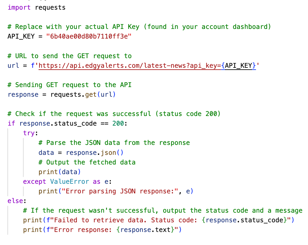 Python code example on how to connect to the Real-Time News Alerts API